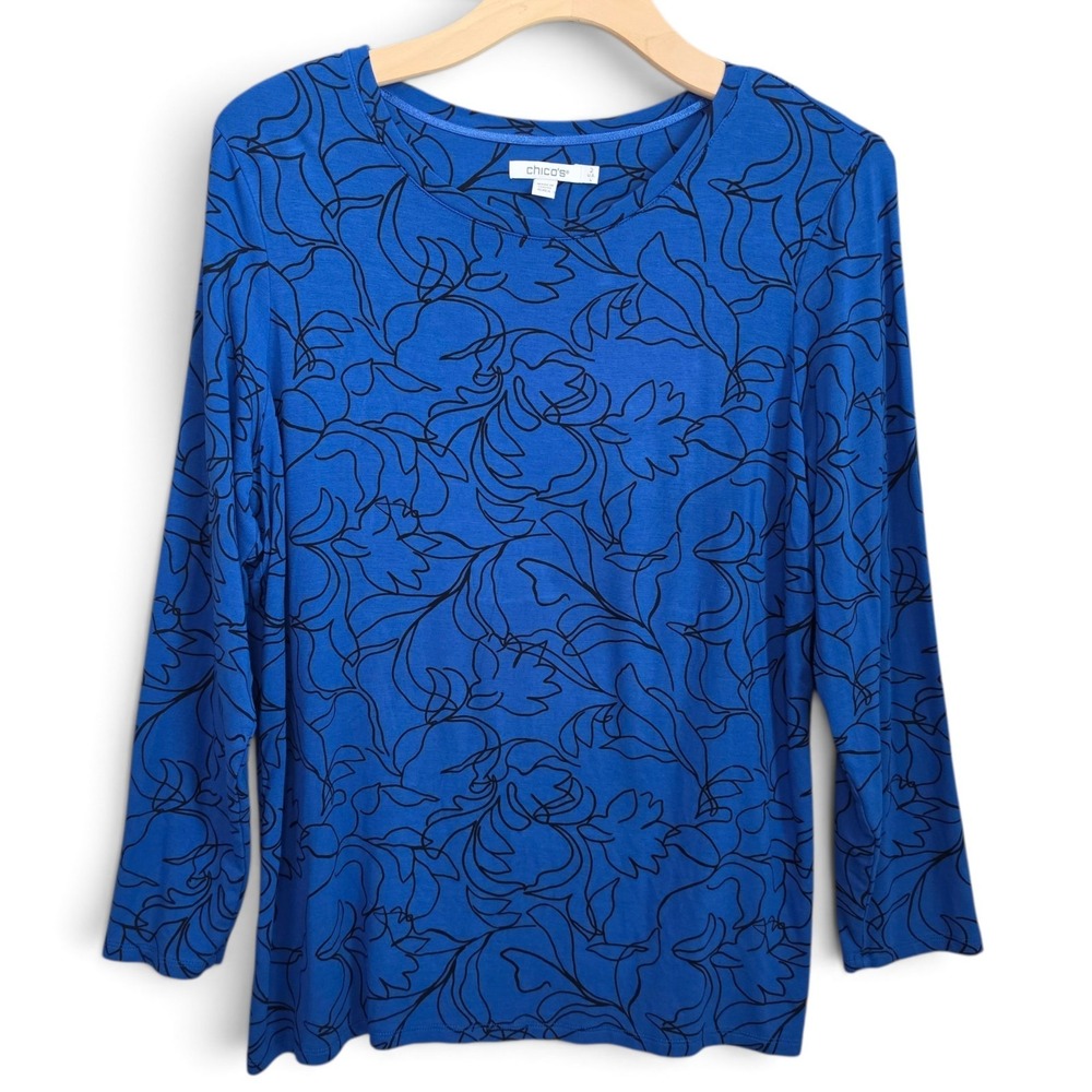 Chicos Top Women Size 2 Large Blue Black Floral Line Art 3/4 Sleeve Knit Stretch
